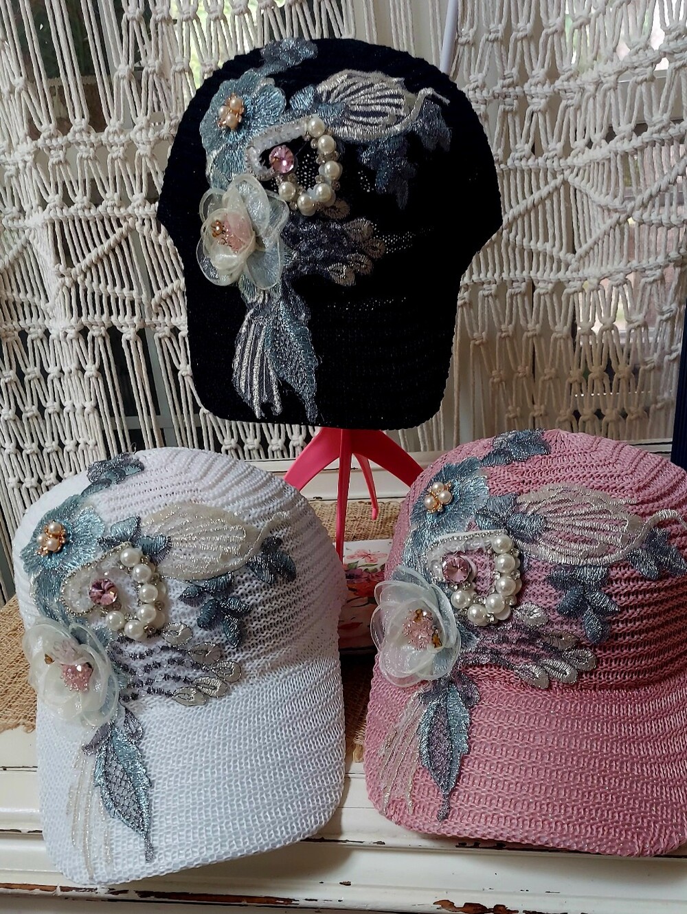 Embellished Floral Crochet Cap - Black, White, Pink NWT O/S - Picture 3 of 3